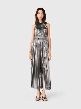 Maje Metallic Silver Halter Pleated Maxi Dress FR 36